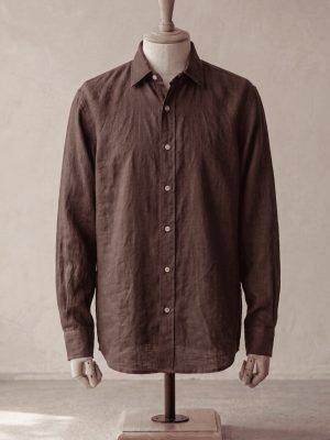 LINEN BLEND BUTTON DOWN SHIRT- BROWN